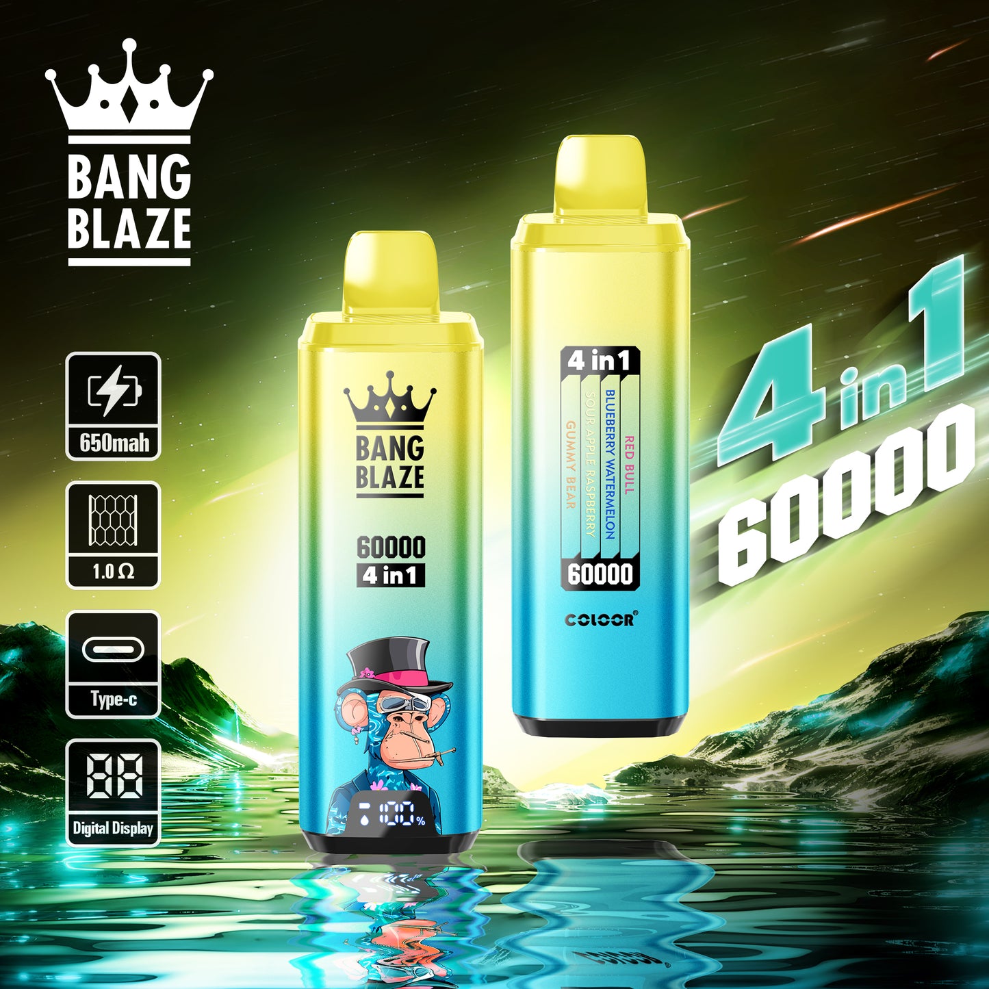 Bang Blaze 60000 4en1 Vape | Red Rull / Blueberry Watermelon / Sour Apple Raspberry / Gummy Bear