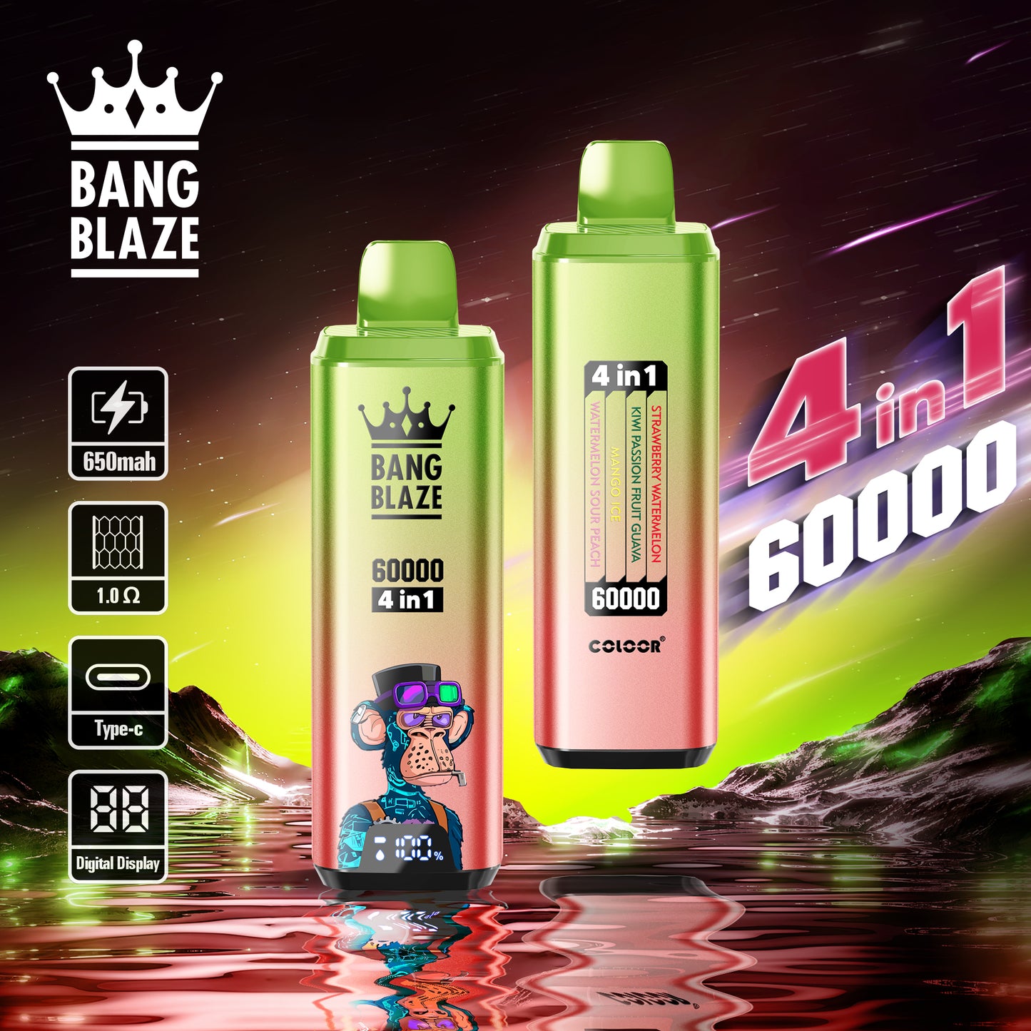 Bang Blaze 60000 Vape | Strawberry Watermelon / Kiwi Passion Fruit Guava / Mango Ice / Watermelon Sour Peach