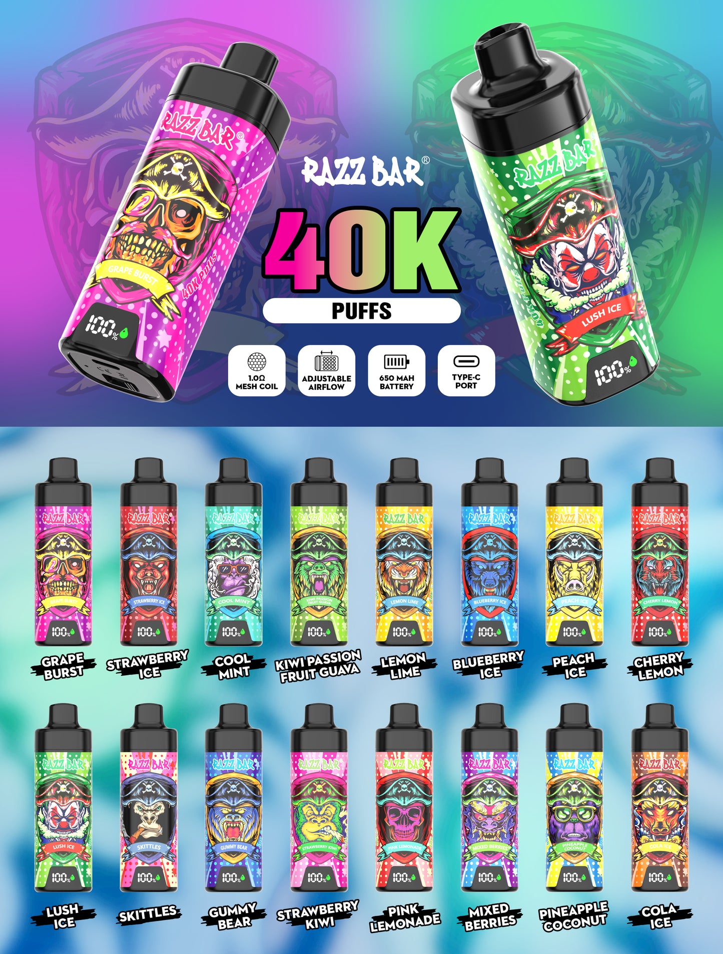Razz Bar NEW 40K Puffs Vape 18 sabores